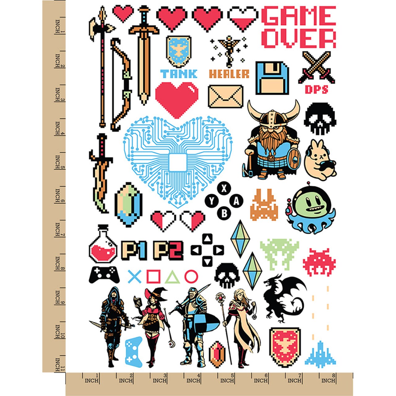 Pixel Retro Video Games Temporary Tattoo Water Resistant Fake Body Art Set Collection